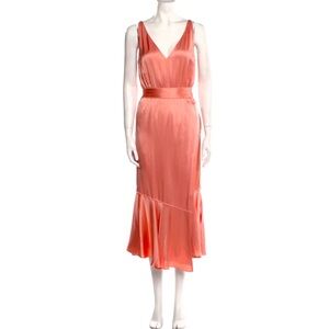 Derek Lam 10 Crosby Coral Pink V Neck Silky Maxi midi Column Faux Wrap Dress 8